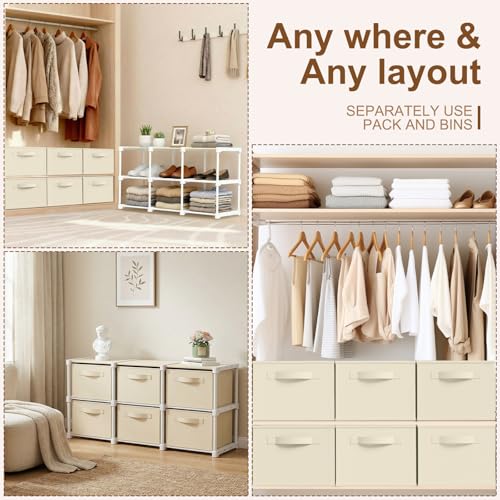 Thyle Large Cube Storage Organizer Shelf with 6 Bins 14 Inch Fabric Collapsible Cubby Storage Drawers Shelving Unit for Christmas Ornaments Clothes Toys Craft(Beige,Minimalist) - color: Beige, style: Minimalist