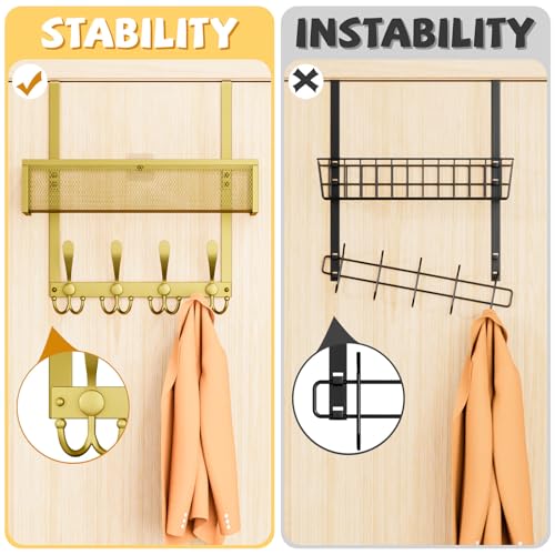 Kaiferty Over The Door Hooks Organizer,Over Door Hanger Towel Rack Mesh Basket with 12 Hooks,Back of Door Storage Organizer for Bedroom,Bathroom,Kitchen,Office(Gold) - color: 1 Upgrated Baskets-Gold