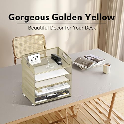 Supeasy 5 Trays Paper Organizer Letter Tray with Handle-Mesh Desk File Organizer,Pink Paper Sorter Desk Organizer for Office, Home or School (Gold Yellow) - color: Gold Yello