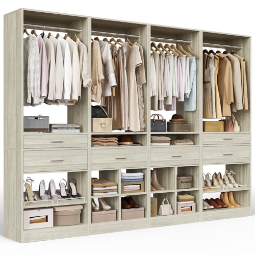 Unikito Closet System, 8.3FT Closet Organizer with 6 Wooden Drawers, Hanging Rods, Adjustable Shoe Rack and Cube Storage, Easy Assembly Wardrobe Tower, Set of 4, White Oak - color: White Oak, size: 100 Inch