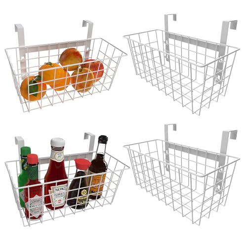MaraFansie Basket with Hook, Grid Storage Basket, Over the Cabinet Door Organizer, Wire Hanging Basket with Hook Over the Door/Railing, Under Sink Kitchen Cabinet, Pantry, Bathroom, White, 4 Pack - color: WHITE, size: 4 PACK