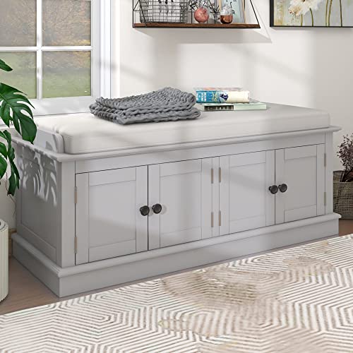 P PURLOVE Farmhouse Storage Bench for Entryway,Wood Storage Benches with Adjustable Shelves,Shoe Bench with Storage and Removable Cushion for Entryway,Gray Wash - color: Gray Wash, size: With 4 Door