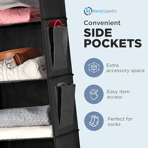 Handy Laundry Hanging Closet Organizer - 6 Shelf Storage for Clothes, Sweaters, Shoes & Accessories - Space-Saving Wardrobe Shelves with Hooks for Dorm, RV & Small Closet Organization (Black) - color: Black
