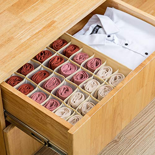 Qozary 2 Pack Socks Underwear Drawer Organizer Divider, 24 Cell or 16 Cell Collapsible Cabinet Closet Organizer Storage Boxes for Clothes, Socks, Lingerie, Underwear, Ties - color: Beige, size: 24 Cells