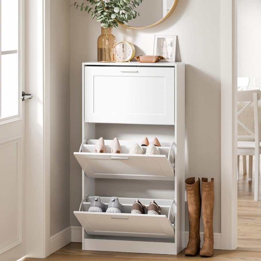 Haotian Shoe Cabinet Storage for Entryway, Narrow Shoe Cabinet with Three Flip Drawers to Save Space, Shoe Rack Cabinet for Front Door Entrance Hallway (White) - color: White, size: 3-Drawers