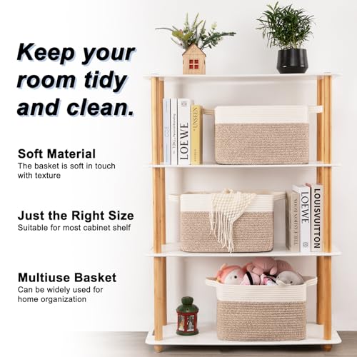 OIAHOMY 3 Pack Storage Baskets for Organizing, 13''X9.85''X8.7'' Storage Bins,Woven Basket with Handles, Toy Storage Bin,Stylish Room Decor Basket, white & Brown variegated - color: Brown variegated, size: 13''×9.9''×8.7''