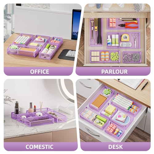Marbrasse 5 Pack Desk Drawer Organizer Set, Mesh Drawer Storage Trays with 1 Adjustable Divider, Desk Organizers and Accessories, 5 PCS Drawer for Office Supplies, Makeup & Vanity (Purple) - color: Purple