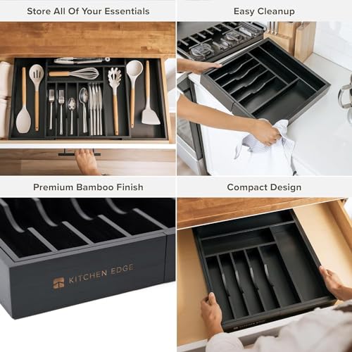 KitchenEdge Premium Silverware, Flatware and Utensil Organizer for Kitchen Drawers, Food-Safe Contract Grade, Expandable from 16 to 28 In, Black Bamboo - color: Black Bamboo, size: From 16" to 28" wide