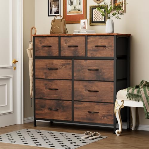 Sweetcrispy 9-Drawer Fabric Dresser Storage Tower with Wood Top and Steel Frame, Organizer Chest with Easy Pull Handles for Bedroom, Closet, Hallway,Distressed Brown - color: Brown, size: 11.8"D x 39.6"W x 39.8"H (9 Drawers)