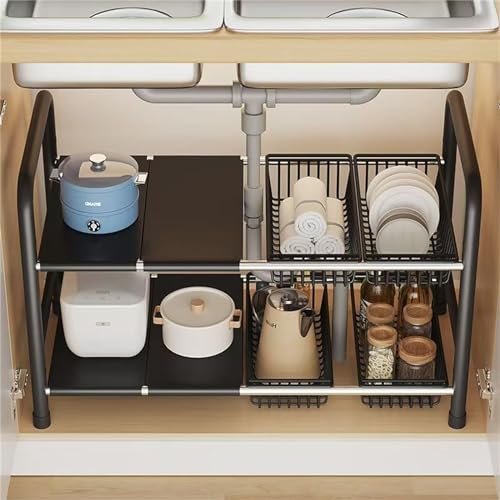 Under Sink Organizers, 2 Tier Stretchable Cabinet Shelf Organizer with 4 Removable Panels and 4 Under Shelf Basket for Under Bathroom Storage,Under Cabinet Shelves,kitchen Sink Storage Rack (black) - color: Black