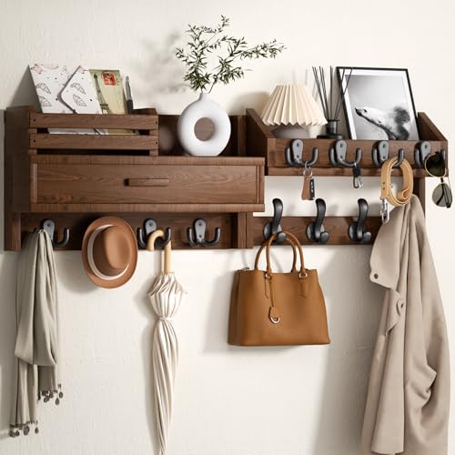 Wall Mounted Coat Rack with Shelf & Drawer, Heavy Duty Solid Wood Entryway Organizer, 29’’ Coat Rack Wall Mount with 12 Metal Hooks, Key & Mail Holder for Living Room, Bedroom
