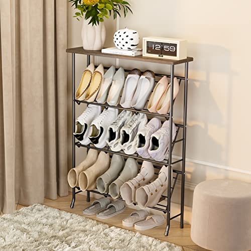 JZM Shoe Rack Storage, Narrow 4 Tier Metal Shoe Storage Shelf, Free Standing Shoe Racks, Space Saving Shoe Rack Organizer for Entryway, Hallway, Bedroom, Living Room(12-16 Pair) - color: Grey