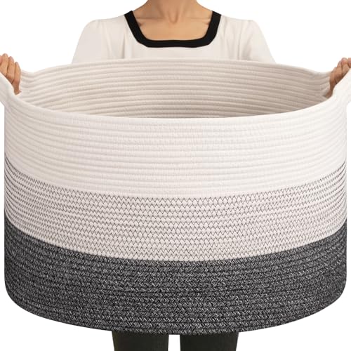 OIAHOMY 90L Blanket Basket for Living Room, Large Basket 23" x 23" x 13" with Handle, Laundry Hamper for Blankets, Pillows, Toy Storage for Kids, Dogs - Black and White - color: Black and White, size: 23" x 23" x 13"