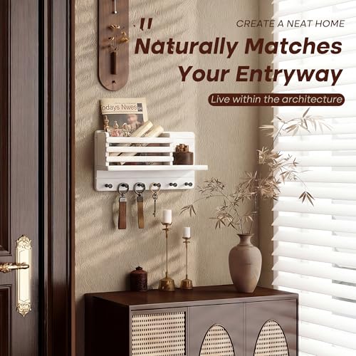 Rebee Vision Farmhouse Pine Wood Key Holder Wall Mount - Key Holder for Wall with Storage Shelf & 6 Hooks - Decorative Mail Organizer with Round Corner for Home Decor (White) - color: White
