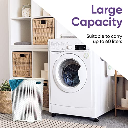 Plastic Laundry Hamper with Lid, Designed Laundry Hamper Basket, Beige Tall Cloths Hamper Organizer with Cut-out Handles. Space Saving for Laundry Room Bedroom Bathroom, Wicker Design 60 Liter - color: White, size: 1-pack