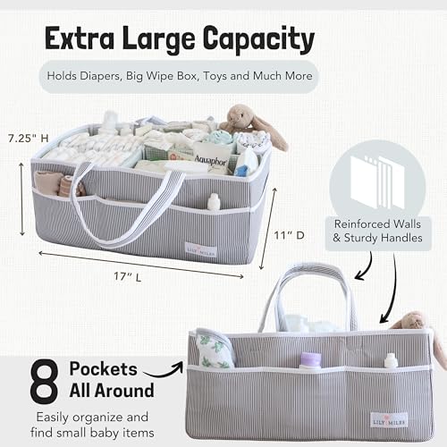 Lily Miles Baby Diaper Caddy - Organizer Tote Bag for Infant Boy or Girl - Baby Shower Basket - Nursery Must Haves - Registry Favorites - Newborn Caddie Car - Gray/Gray, Extra Large - color: Gray/Gray, size: Extra Large