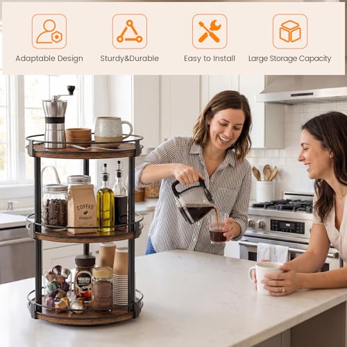Snughome Lazy Susan Organizer, 3 Tier Rotating Spice Rack, Turntable Lazy Susan Kitchen Countertop Organizer, 10.2" x 10.2" x 18.5", Rustic Brown - color: Rustic Brown, size: 10.2" x 10.2" x 18.5"