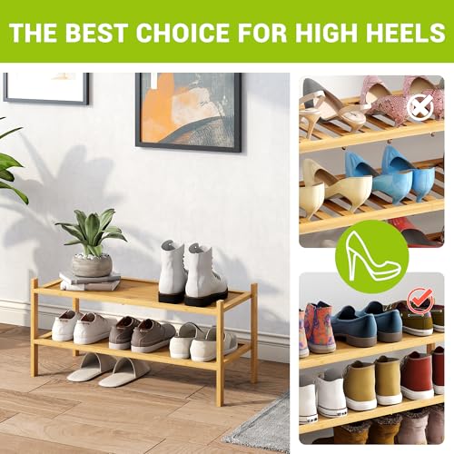 BMOSU 2-Tier Bamboo Shoe Rack Premium Stackable Shoe Shelf Storage Organizer for Hallway Closet Living Room Entryway Organizer(Natural) - color: Natural, size: 2-Tier（27*11*12.6inches）