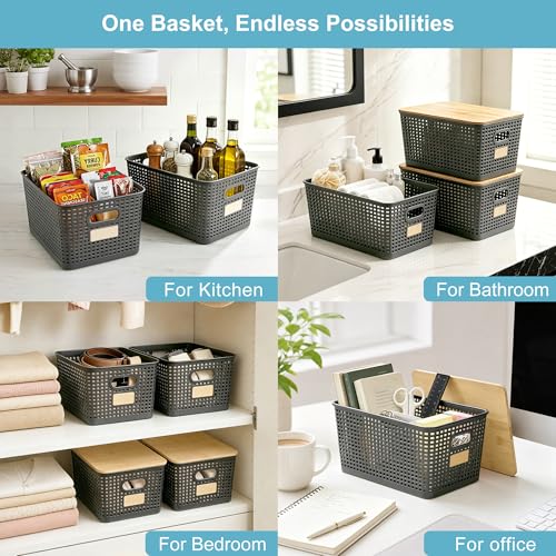 Bagnizer 2 Pack Tall Plastic Storage Bins with Bamboo Lids, 10.8qt Stackable Storages Baskets for Organizing Desktop Closet Playroom Classroom Office, 12"L x 8.3"W x 6.1"H, Gray - color: Gray, size: Tall- 2 Pack