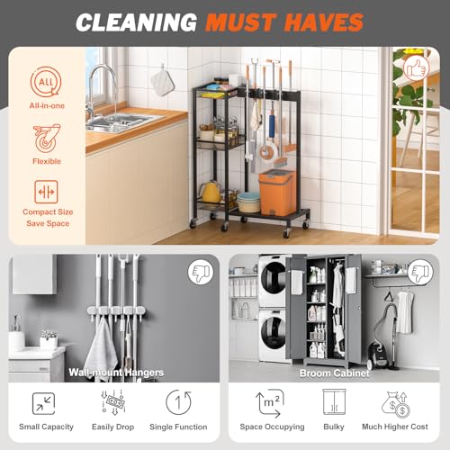 Broom Holder with Cleaning Supplies Organizer, Broom Closet Storage Cabinet with Cleaning Caddy, Cleaning Cart with Mop Hanger Gripper Rack Hooks,Janitorial Cart,Utility Carts Household Essentials - size: Medium