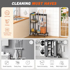 Broom Holder with Cleaning Supplies Organizer, Broom Closet Storage Cabinet with Cleaning Caddy, Cleaning Cart with Mop Hanger Gripper Rack Hooks,Janitorial Cart,Utility Carts Household Essentials - size: Medium