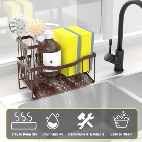 Fssvcd Maifan Sink Caddy Sponge Holder for Kitchen with Brush Holder and Stainless Steel Self Drain Tray, Rustproof Kitchen Sink Organizer for Sponge, Soap Dispenser Storage Accessories - color: Bronze