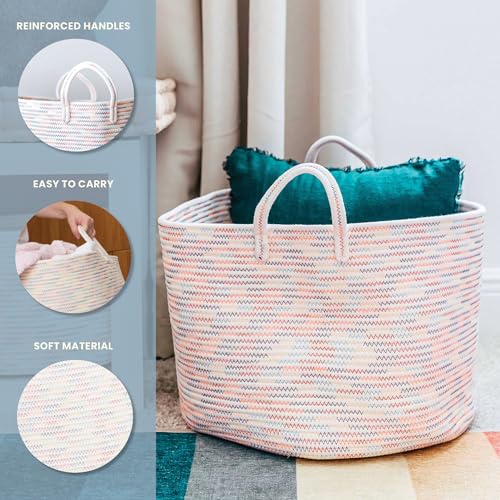 OrganiHaus Large Woven Storage Basket for Blankets and Toys 20" x 13" Inch, Rope Laundry Basket with Handles, Cushions & Pillows Storage Bin, Nursery Hamper, Soft Round Dog Toy Bin - Rainbow Stitches - color: Stitches Rainbow, size: Wide