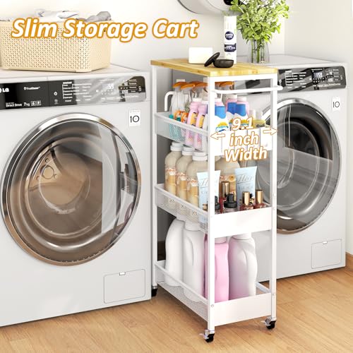 Vincona Slim Rolling Utility Cart, 4 Tier Metal Narrow Storage Cart with Handle and Wood Top, Multifunctional Small Mobile Shelf Unit Organizer Trolley for Laundry, Bathroom, Kitchen - color: White, size: 9.1" wide