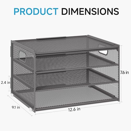 Lavatino 3-Tier Letter Tray Desk Organizer, Mesh Metal Paper File Tray Organizer for Desk, Office Supplies & Home Organization, Fits A4 Paper, Mail, Magazines & Office Accessories (Grey with Handle) - color: 4-tier With Handle - Grey