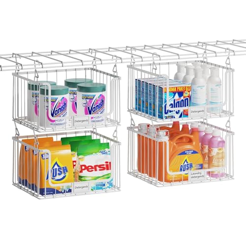 4-Tier Hanging Laundry Room Organizer with Label Cards,Foldable Wire Shelf Basket with 4 Rotating Hooks,Stacked Laundry Basket Organizer,Storage Rack for Laundry Rooms,Closet and Pantry-White - color: White, size: 4Tier-15"D x 11"W
