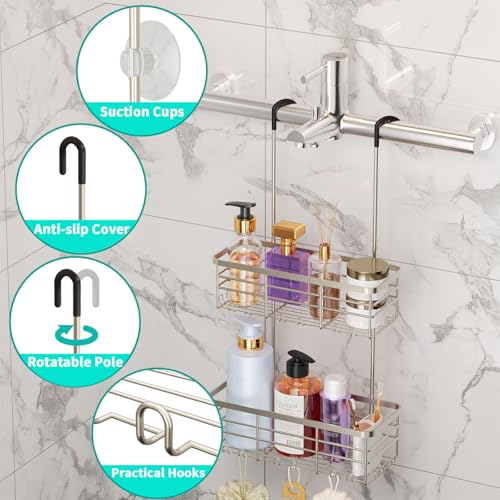 HapiRm Hanging Shower Caddy Organizer - No Drilling Shower Organizer with Hooks, Rustproof & Waterproof 304 Stainless Steel Bathroom Shelves - Brushed Nickel - color: Brushed Nickel