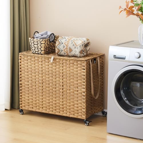 Laundry Hamper with Wheels, 52.8 Gallon(200L) Rolling Laundry Basket with Lid, 3-Section Rattan Clothes Hamper with 3 Removable Liner & 3 Mesh Bags, Laundry Sorter with Side Pocket, Natural - color: Natural, size: 200L（31.5 x 15.75 x 25.6 Inches）