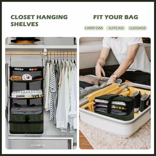 Surblue Hanging Closet Storage Bag Collapsible 3-Shelf Washable Oxford Fabric with 2 Hooks (L 11.41 * 11.41 * 19.68in, Dark Green) - color: Dark Green, size: L 11.41*11.41*19.68in