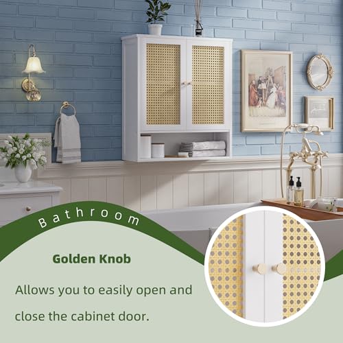 Bathroom Wall Cabinet, Bamboo Over-The-Toilet Storage Organizer with 2 Rattan Doors and Adjustable Shelf, Space Saver Medicine Cabinet for Laundry, Kitchen, Living Room (White) - color: White