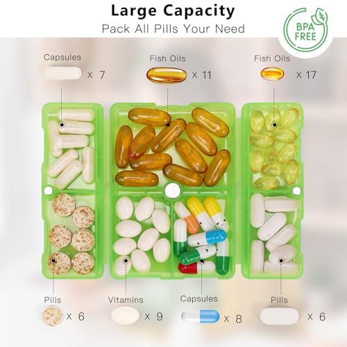 FYY Daily Pill Organizer, 7 Compartments Portable Pill Case Travel Pill Organizer,[Folding Design] Pill Box for Purse Pocket to Hold Vitamins,Cod Liver Oil,Supplements and Medication-Clear Green - color: Clear Green, size: Small (1 Piece)
