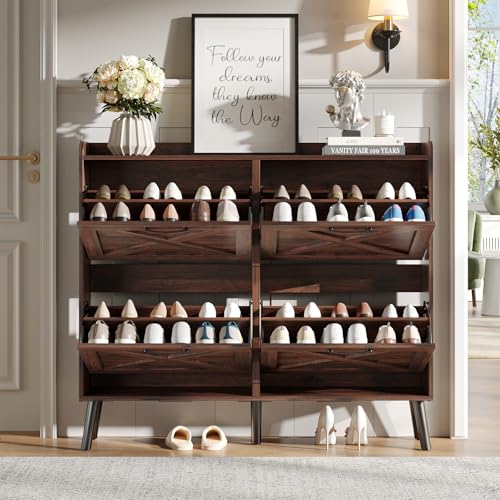 Maupvit Large Shoe Storage Cabinet with 4 Flip Drawers, Narrow Shoe Cabinet for Entryway with Wooden Legs, Freestanding Hidden Shoe Rack Organizer ＆ Metal Hinges, Walnut - color: Dark Walnut, style: 4-Drawers