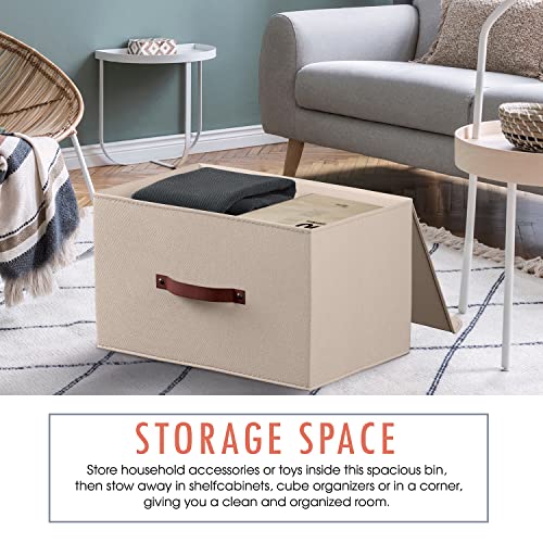 Ornavo Home 6 Pack Collapsible Storage Bins with Lid, Foldable Linen Fabric Shelf Storage Basket Closet Organizer and Large Storage Box for Clothes with Leather Handles, 16.5 x 11.8 x 7.5, Beige - color: Beige, size: XLarge - 6 Pack