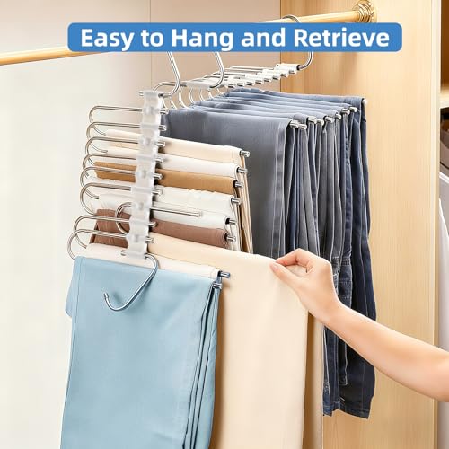 Cididu 4 Pack Pants Hangers Space Saving 9 Layers, Non-Slip Closet Storage Organizers, Stainless Steel Jean Clothes Hanger Pants Rack for Trousers Scarf Leggings Skirts, Dorm Room Apartment Essentials