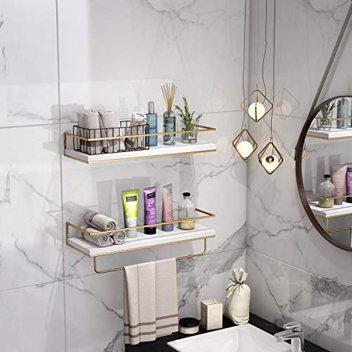 Shario White Floating Shelves - Set of 2, Wall Mounted Hanging Shelves with Golden Towel Rack, Decorative Storage Shelves for Bathroom, Kitchen, Living Room & Bedroom (White Gold, 15.7 Inches) | Hanging Shelves - color: White Gold
