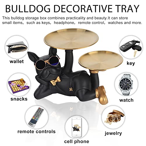 Bulldog Tray Statue - Bulldog Butler with Storage Tray for Entryway Key Holder, Ring Holder, Living Room Coffee Table Candy Dish, Modern Home Office Desktop Decor (Black)