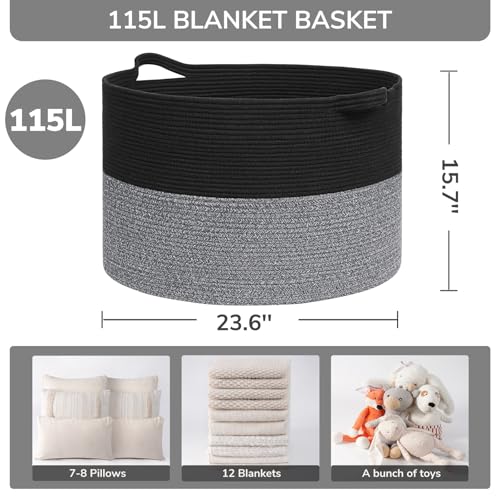 INDRESSME 115L Extra Large Cotton Rope Blanket Basket, Woven Basket for Toy Storage Organizer & Laundry Toy Box for Living Room Area & Nursery Room, Black & Grey - color: Black & Grey, size: 23.6"D x 15.7"H