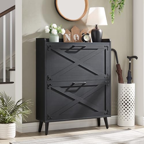 Barnyatoh Shoe Storage Cabinet, Farmhouse Shoe Organizer with 2 Flip Drawers & Barn Door Design, Freestanding Hidden Slim Narrow Shoe Rack Cabinet for Entryway, Foyer, Hallway, Black - color: Black, size: 2-Drawers