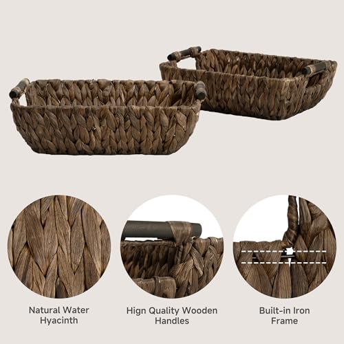 StorageWorks Wicker Baskets for Organizing, Woven Basket with Wooden Handles, Wicker Storage Baskets for Shelf, Brown, 2-Pack - color: Dark Brown(Water Hyacinth), size: Medium