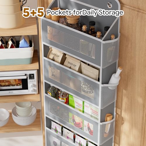 Simple Trending Over The Door Organizer, Hanging Shelves with 5 Large 5 Side Pockets, 44 lb Weight Behind Door Storage for Bedroom,Bathroom, Pantry, Nursery, Grey