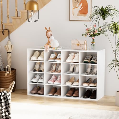 Garden 4 you Shoe Storage Bench, Cubby Shoe Rack with 16 Cubbies, 4-Tier Wood Shoe Rack Organizer, Shoe Organizer Cabinet for Entryway, Hallway, Closet and Garage, White - color: White, size: 16-cube 4-tier
