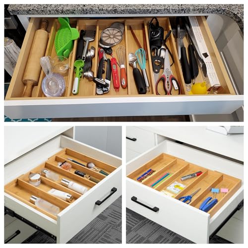 Bamboo Expandable Kitchen Drawer Organizer, 13" to 23" Adjustable Utensils and Cutlery Tray, Wood Drawer Organizer for Silverware Flatware