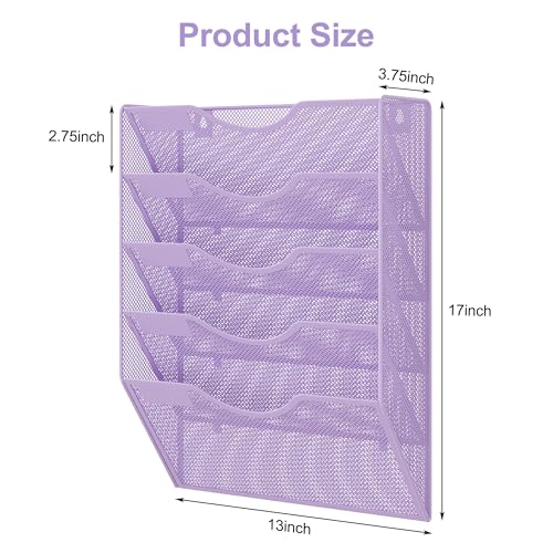 EasyPAG Wall File Organizer 5 Tier Hanging Paper Folder Holder, Zero Assembly Metal Mesh Wall Mounted Mail Organizer for Office Home Classroom Narrow Spaces, Puple - color: Purple, size: 5 Tier