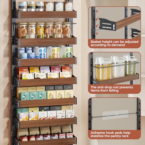 8-Tier Spice Rack Wall Mount, Heavy-Duty Over the Door Pantry Organizer with Wooden Adjustable Basket, 2 IN 1 Wall Mount or Hanging Pantry Door Organizer,Door Spice Rack for Pantry, Black - color: Black