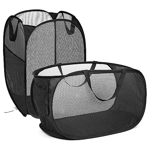 2 Pcs Durable Collapsible Laundry Baskets - Reinforced Mesh Pop Up Laundry Hamper with Pocket, Foldable Dirty Clothes Hamper with Carry Handles for Laundry, Bathroom, Kids Room, Dorm or Travel Black - color: Black, size: Pop Horizontal+Vertical