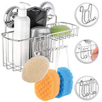 HASKO Shower Caddy Suction Cup, Shower Shelf with Soap Dish and Hooks Organizer, Suction Bathroom Shelf for Storage, Wall Mounted Basket (Polished Stainless Steel SS304) - color: Silver (1 Pack)